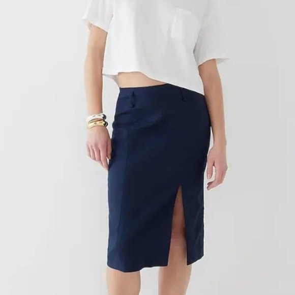 NWT J. CREW Stretch Linen Blend Midi Pencil Skirt Navy Blue 4 - Picture 1 of 6
